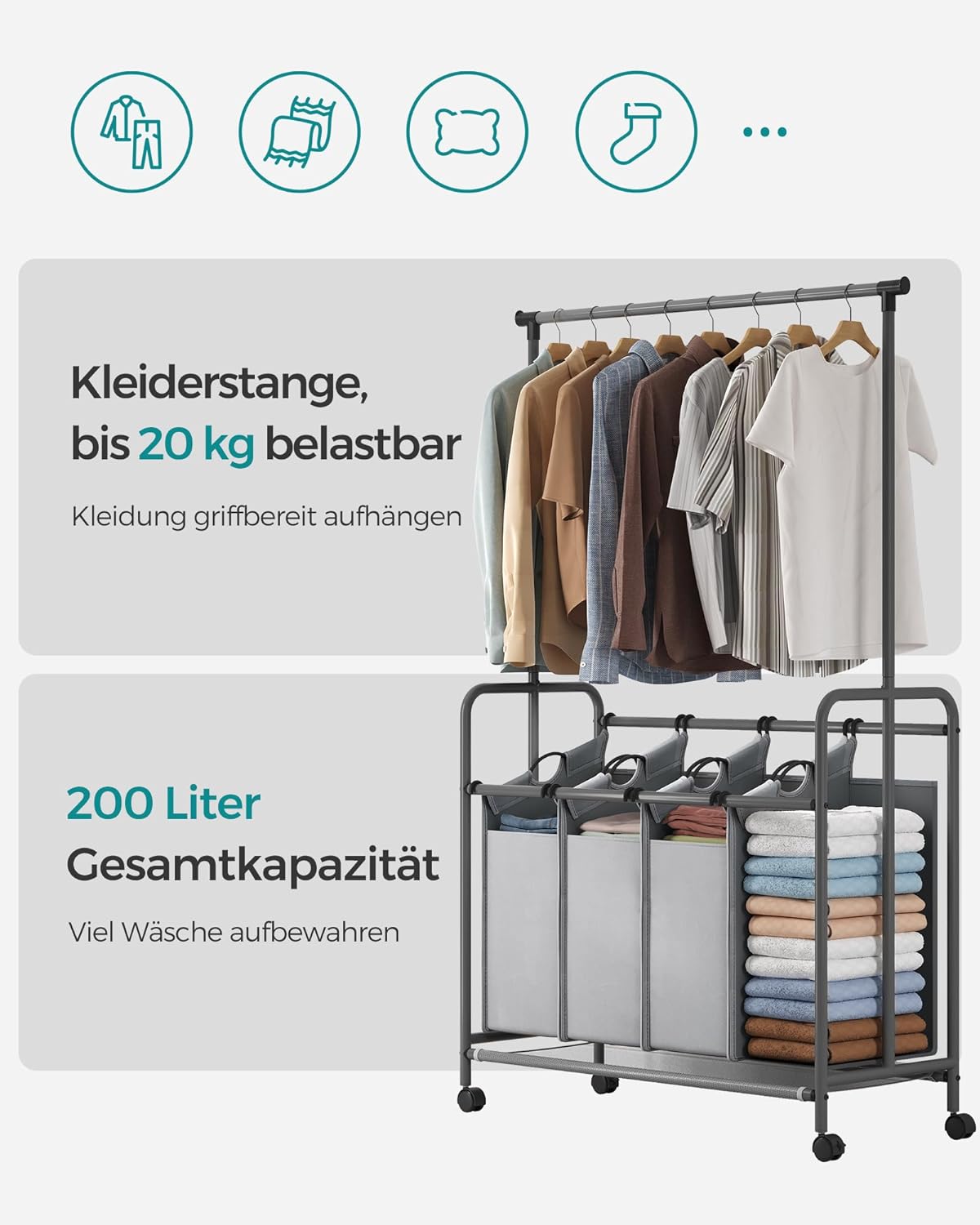 Carrinho de roupa suja com rodas, 4 x 50 litros, classificador de roupa 4 compartimentos, cinza, SONGMICS, 3