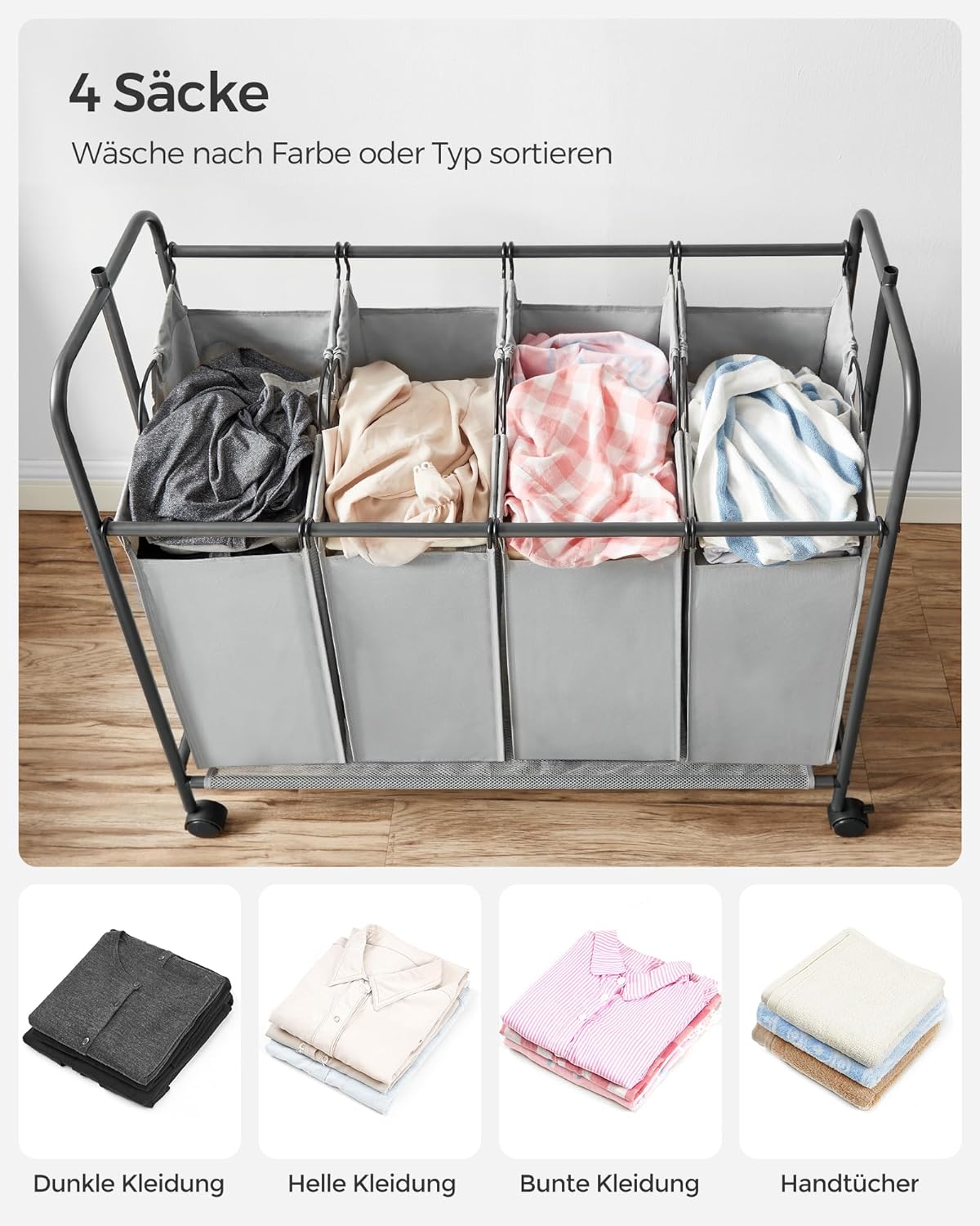 Carrinho de roupa suja com rodas, 4 x 50 litros, classificador de roupa 4 compartimentos, cinza, SONGMICS, 6