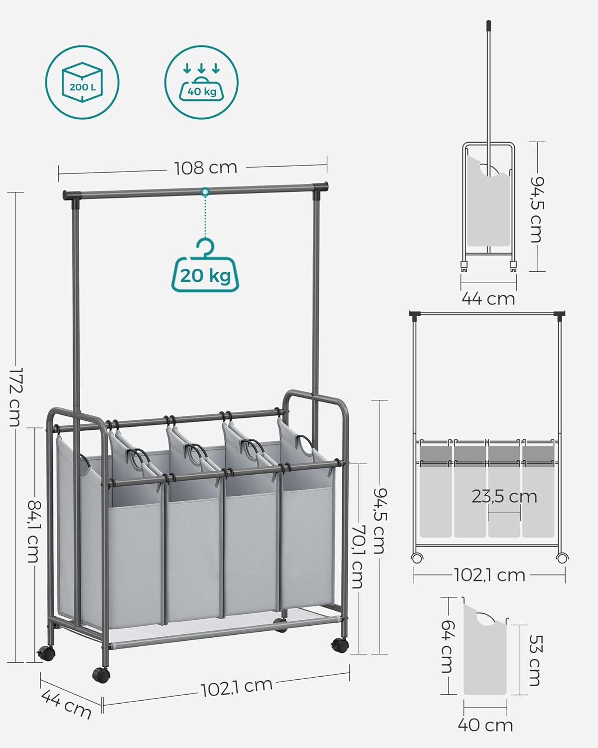 Carrinho de roupa suja com rodas, 4 x 50 litros, classificador de roupa 4 compartimentos, cinza, SONGMICS, 10