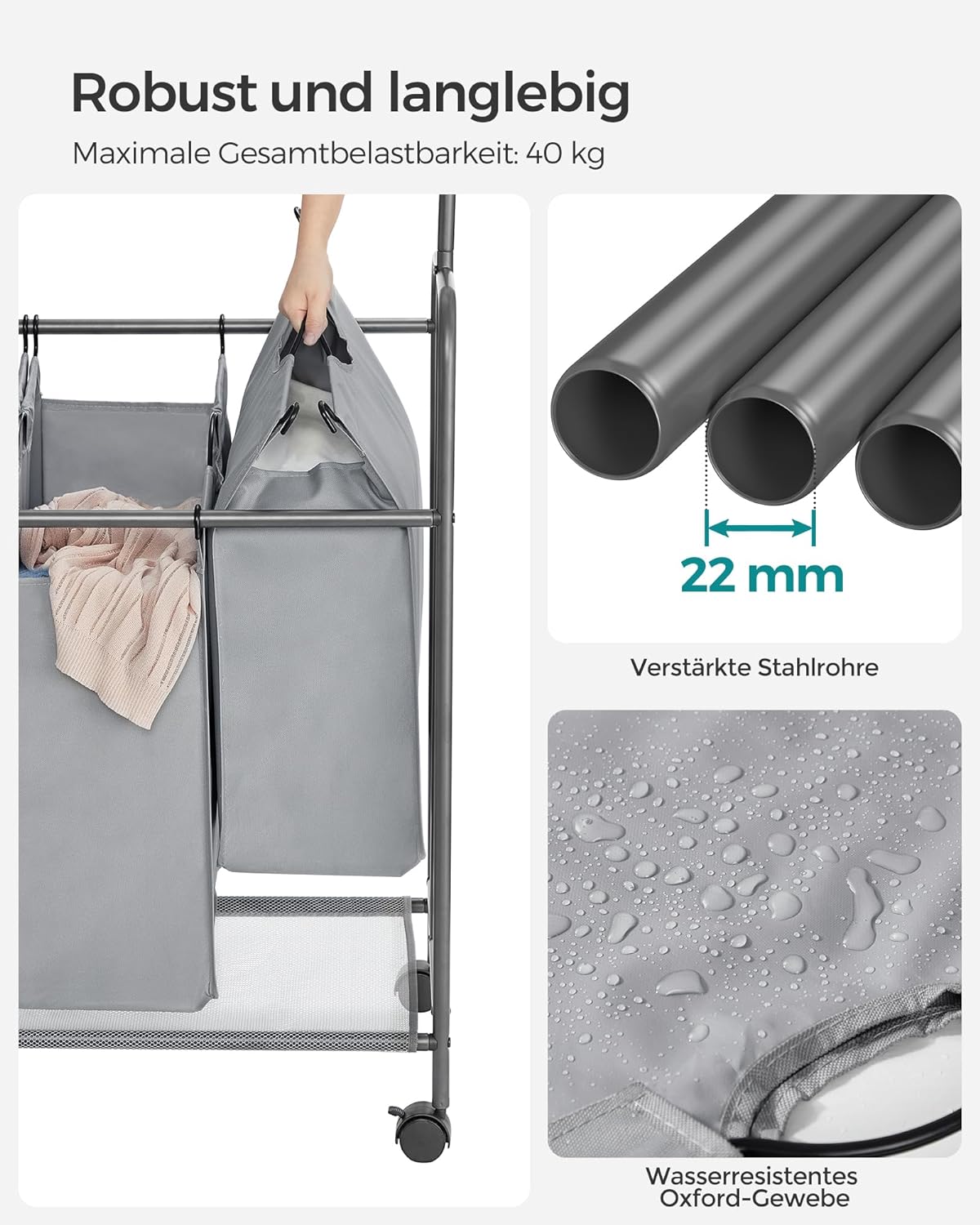 Carrinho de roupa suja com rodas, 4 x 50 litros, classificador de roupa 4 compartimentos, cinza, SONGMICS, 7