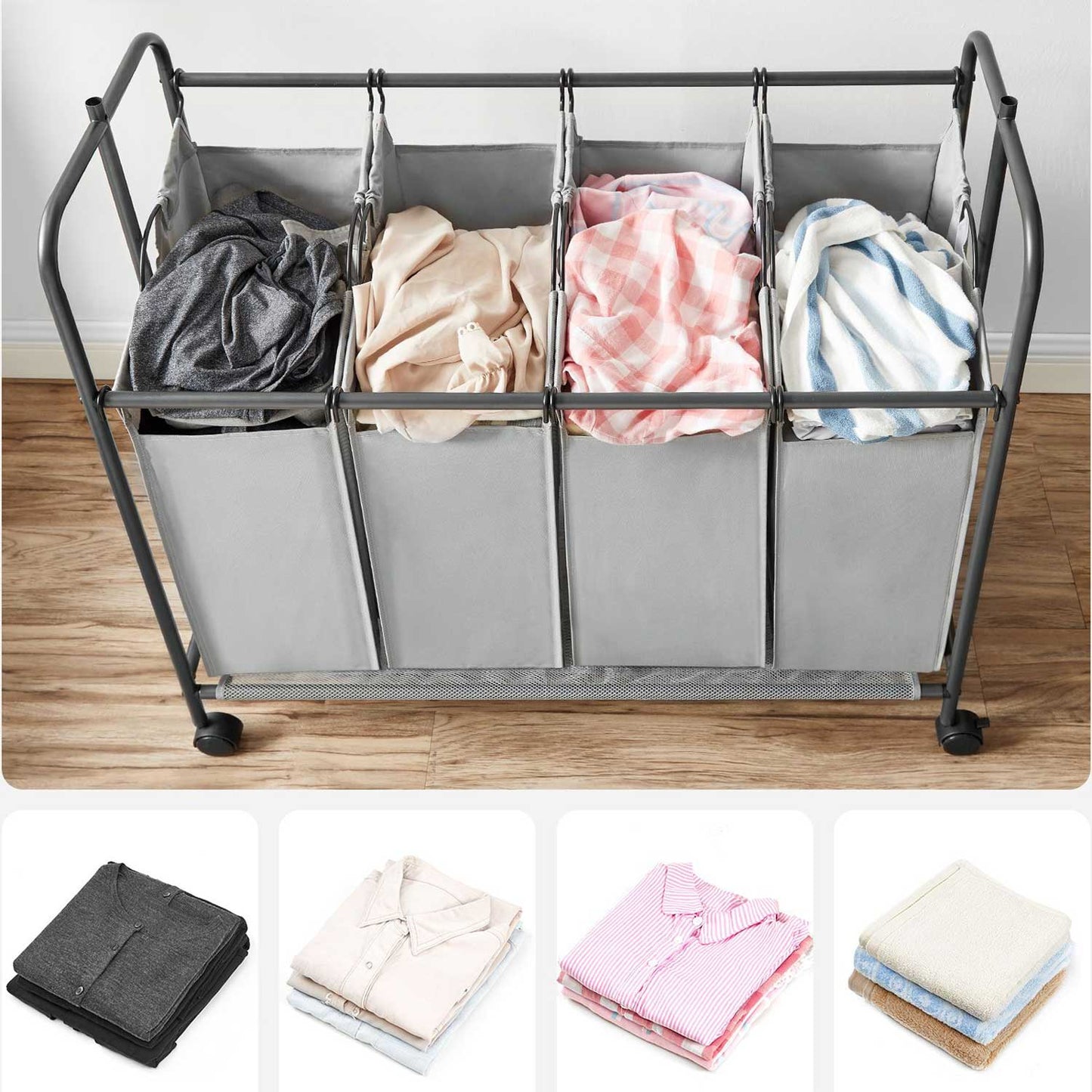 Carrinho de roupa suja com rodas, 4 x 50 litros, classificador de roupa 4 compartimentos, cinza, SONGMICS, 2