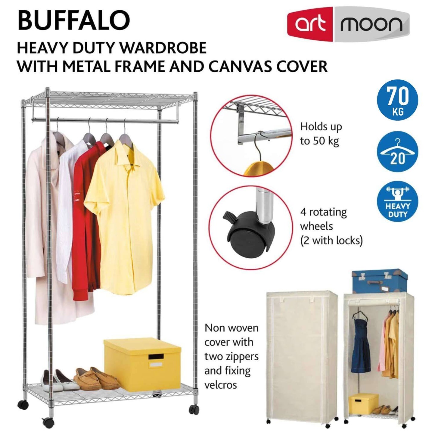Armário dobrável, guarda-roupa, armário de tecido, armário de tecido estável, cabideiro com capa protetora, art moon Buffalo, 3