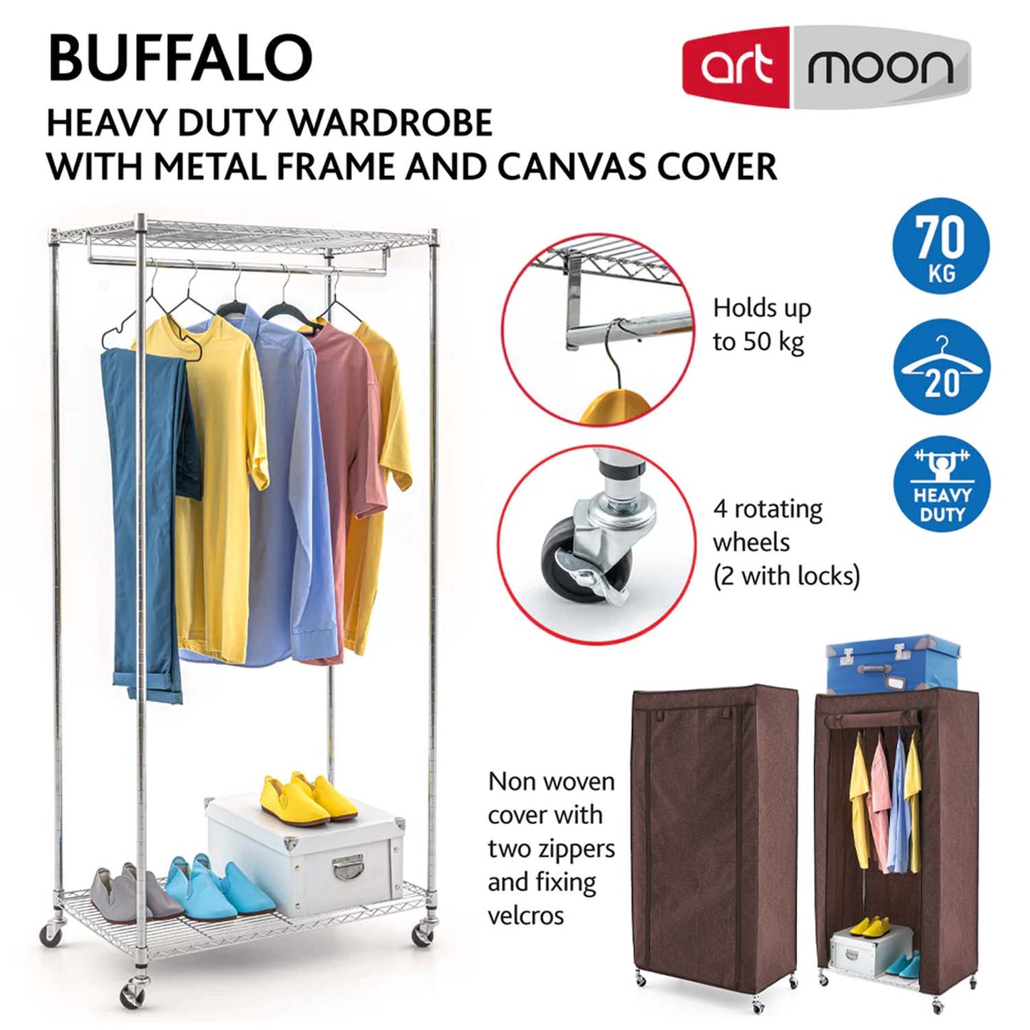 Armário de tecido, armário dobrável, estável, cabideiro resistente, guarda-roupa sobre rodas, com prateleiras, art moon Buffalo, 2