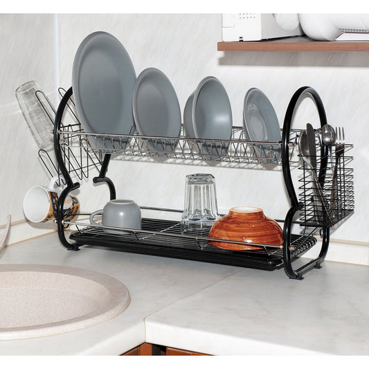 Escorredor de pratos grande com 2 camadas com pastilha removível com suporte para copos e escorredor de talheres, 3
