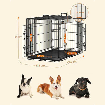 Gaiola para cães, L, dobrável, com 2 portas, bandeja plástica extraível, corrida para cachorros, preta, FEANDREA, 1