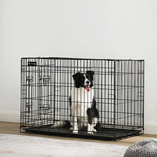 FEANDREA - Gaiola para cães, XL, dobrável, com 2 portas, bandeja plástica extraível, corrida para cachorros, preta