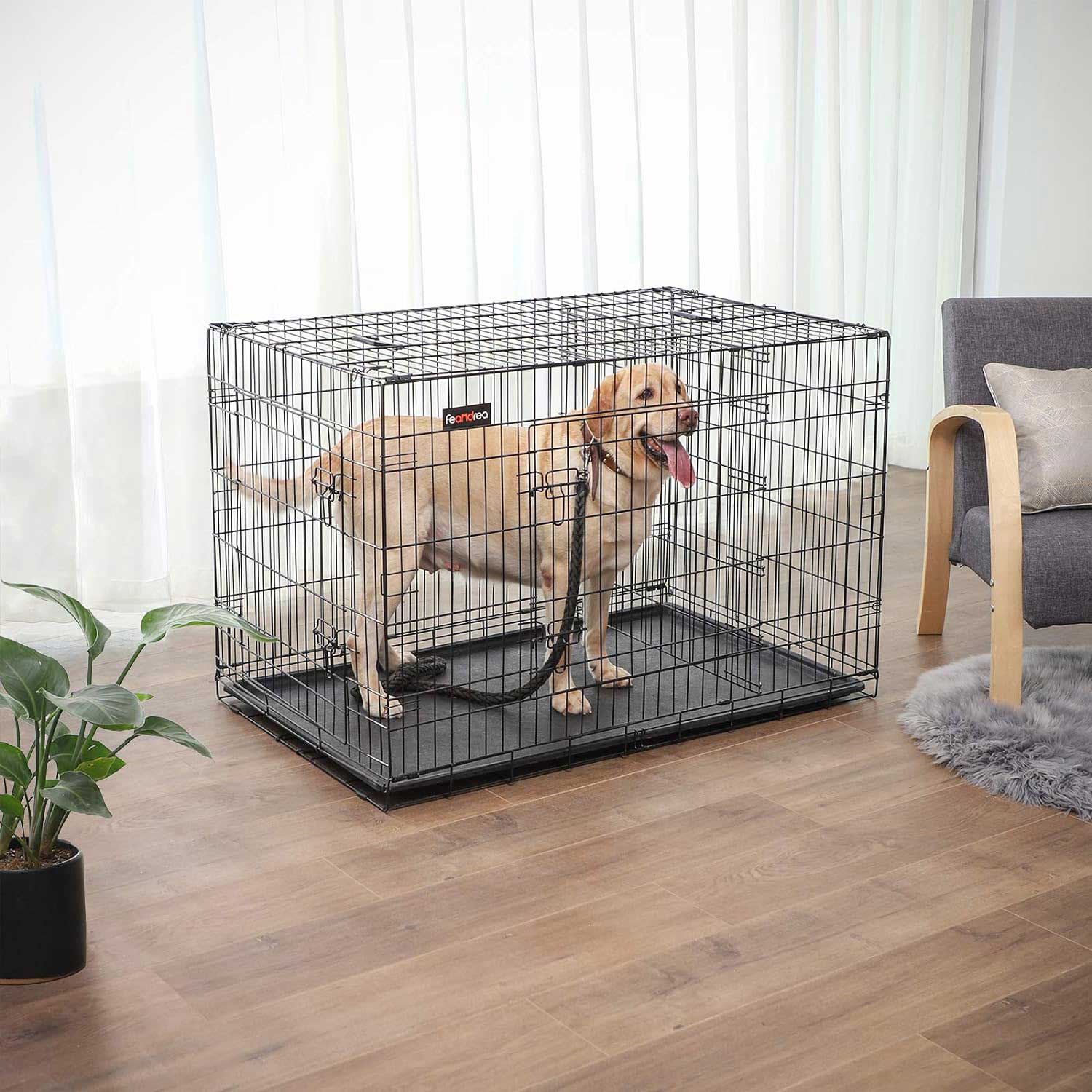 FEANDREA - Gaiola para cães, caixa para cães, corrida para cachorros, dobrável, transportável, 2 portas, preto