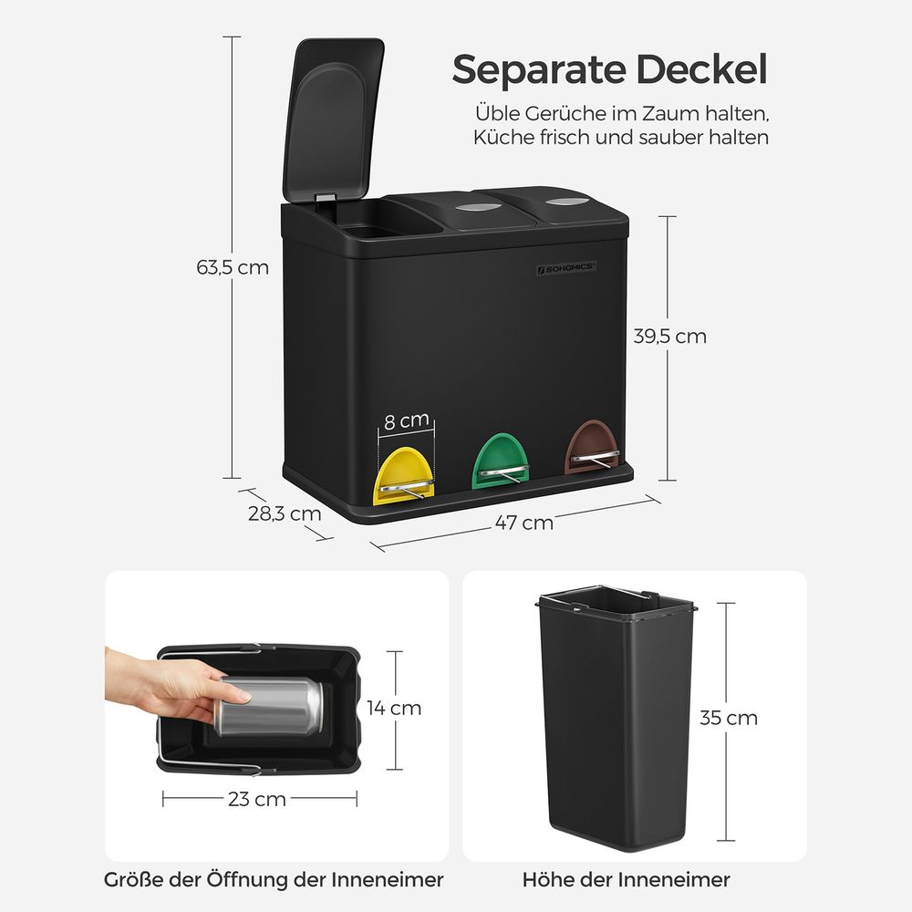 Lixeira de cozinha, lixeira 3 em 1, 24 litros, separação de lixo, lixeira metálica com pedal, SONGMICS, 6