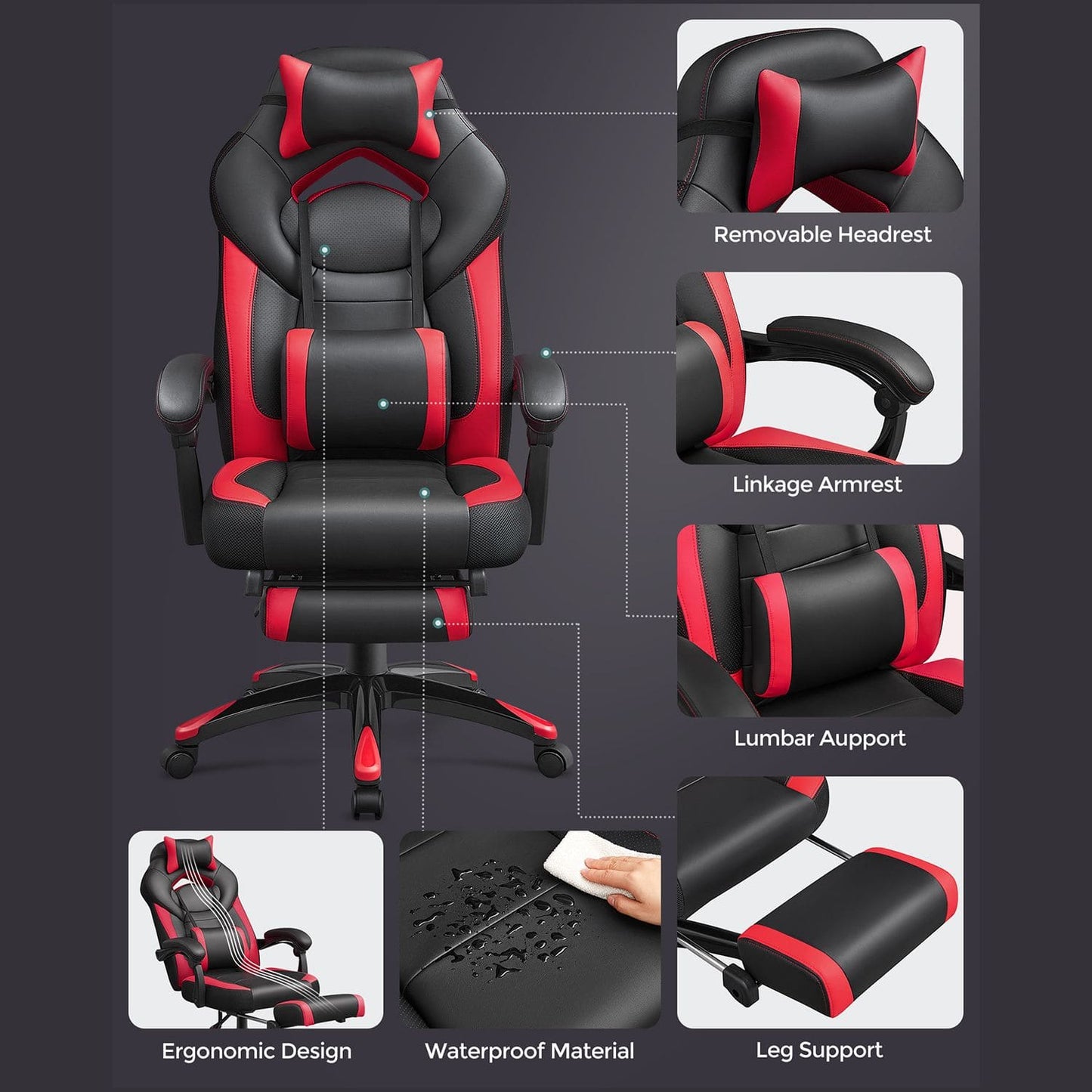 Cadeira para jogos, compre cadeiras de escritório, cadeira para home office, cadeiras para jogos, preto vermelho - SONGMICS 1