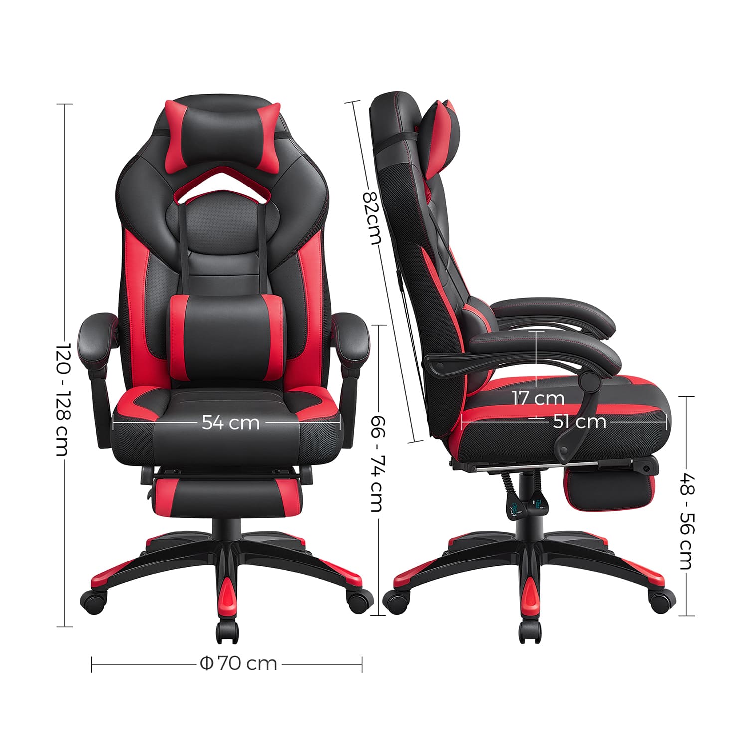 Cadeira de jogos, comprar cadeiras de escritório, cadeira de escritório em casa, cadeiras de jogos, H120-128 cm, Preto Vermelho - SONGMICS