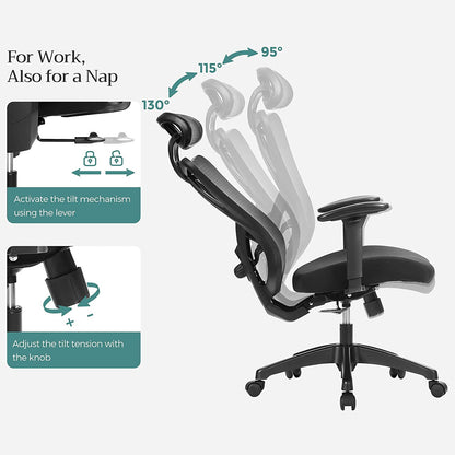 cadeira de escritório cadeiras de escritório ergonômicas ergonômicas, ângulo de inclinação ajustável 95°, 115° ou 130°, SONGMICS