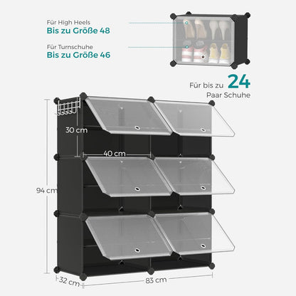 SONGMICS - Sapateira com 6 compartimentos, sapateira, estreita, com portas, estrutura de aço, plástico, preto