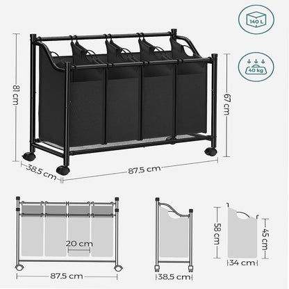 Cesto para roupa suja, classificador de roupa, classificador de roupa 4 compartimentos, com rodas, 4x35 L, preto, SONGMICS, 9