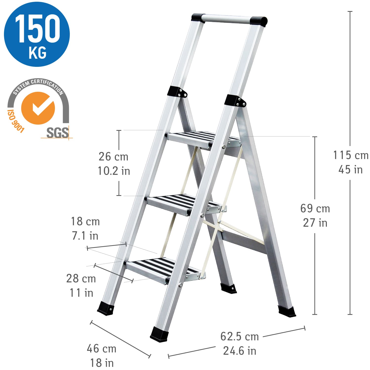 Escada de 3 degraus, sólida e estável, escada dobrável de alumínio doméstico, até 150 kg, Tatkraft Adamant, 4