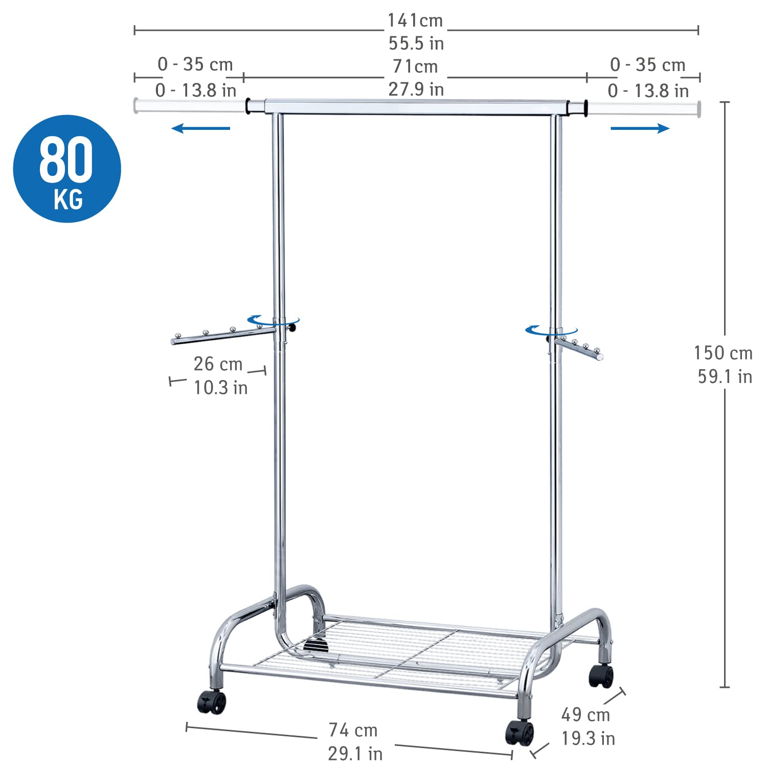 Cabideiro resistente, com sapateira, carrinho de guarda-roupa, varão ajustável e enrolável, aço cromado, Tatkraft Bull, 2