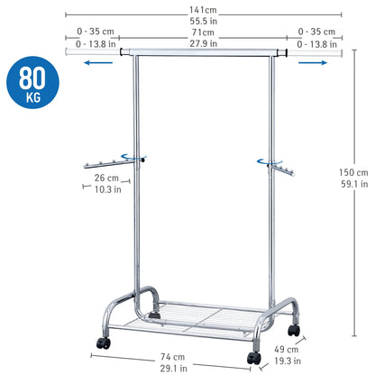 Cabideiro resistente, com sapateira, carrinho de guarda-roupa, varão ajustável e enrolável, aço cromado, Tatkraft Bull, 2