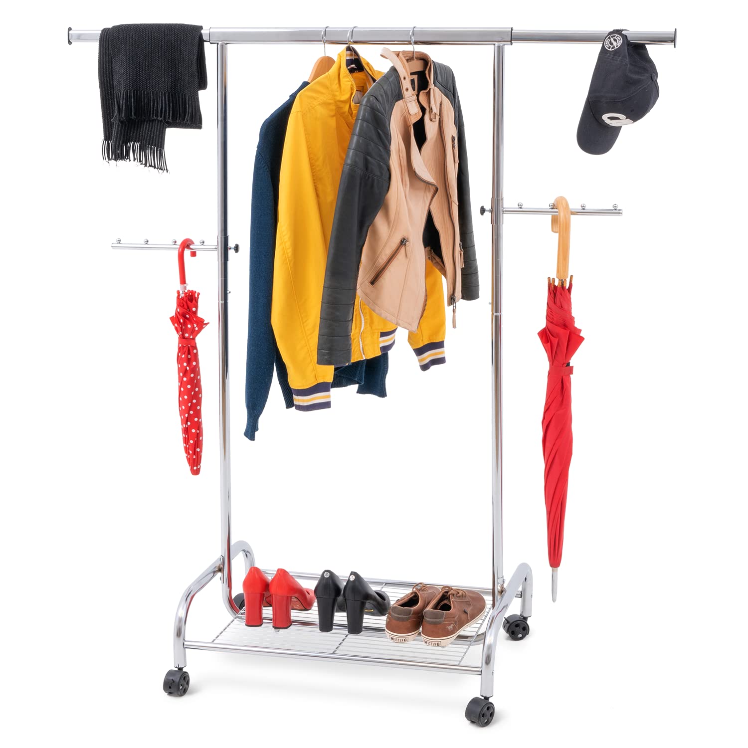 Cabideiro resistente, com sapateira, carrinho de guarda-roupa, varão ajustável e enrolável, aço cromado, Tatkraft Bull, 3