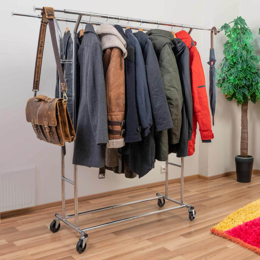 Cabideiro resistente, até 110 kg, varão sobre rodas, varão duplo, extensível, aço cromado, Tatkraft Denver, 1