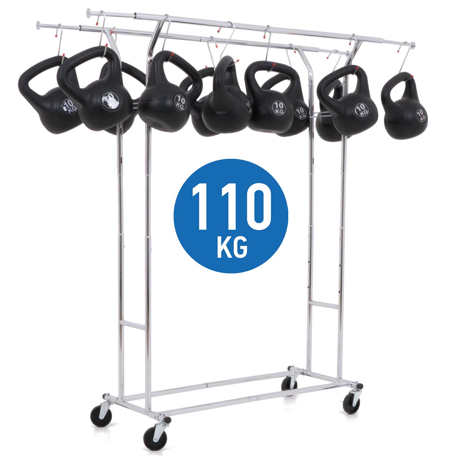 Cabideiro resistente, até 110 kg, varão sobre rodas, varão duplo, extensível, aço cromado, Tatkraft Denver, 4