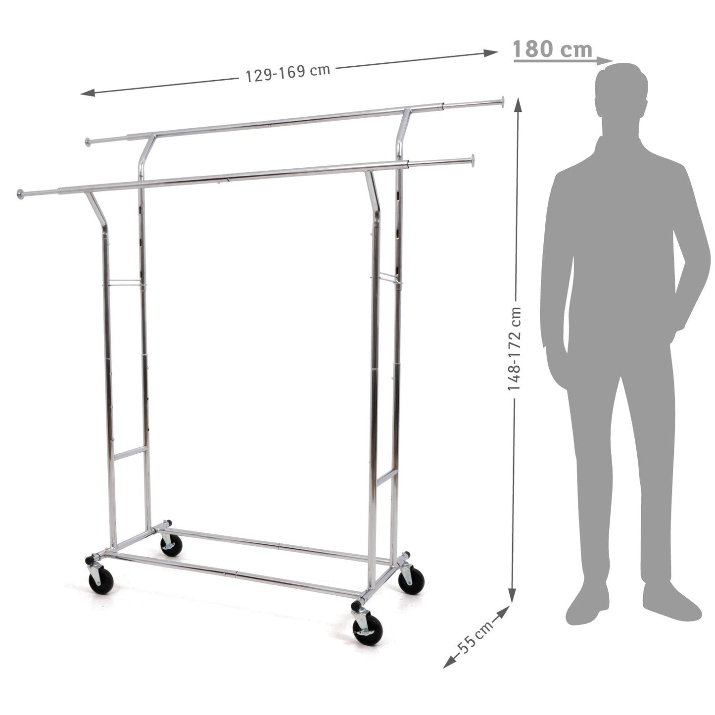 Cabideiro resistente, até 110 kg, varão sobre rodas, varão duplo, extensível, aço cromado, Tatkraft Denver, 7