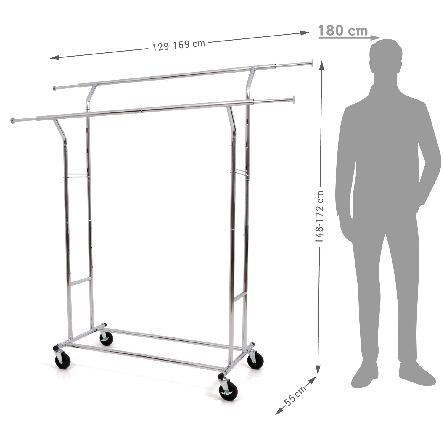 Cabideiro resistente, até 110 kg, varão sobre rodas, varão duplo, extensível, aço cromado, Tatkraft Denver, 7