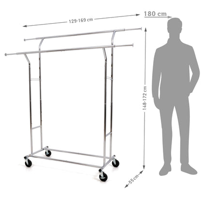 Cabideiro resistente, até 110 kg, varão sobre rodas, varão duplo, extensível, aço cromado, Tatkraft Denver, 7