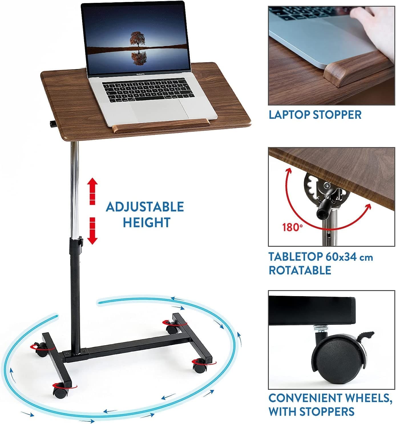 Mesa para laptop, sofá para mesa para laptop, mesa para laptop ajustável em altura, com rodas, Tatkraft Gain, 3