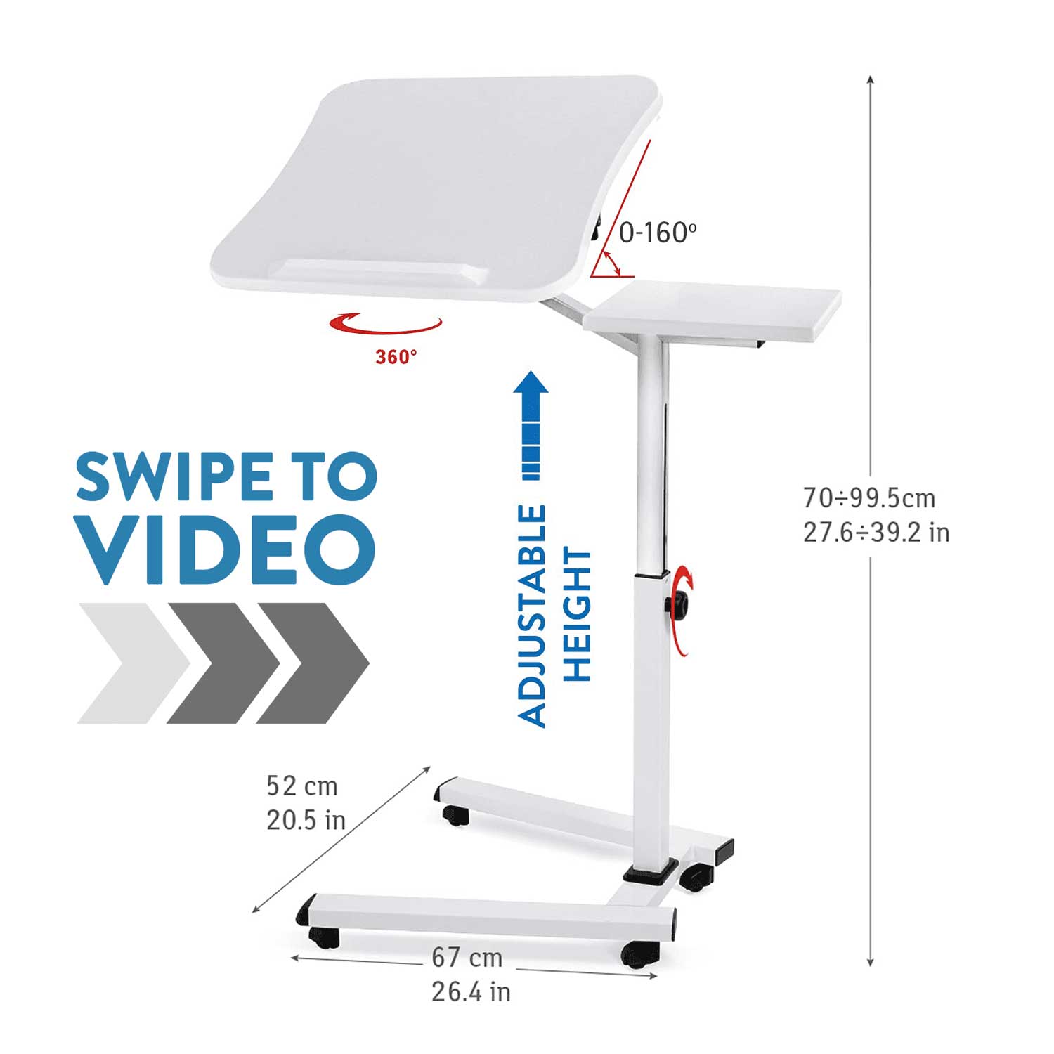 Mesa para laptop ajustável em altura, sofá para mesa para laptop, com prateleira para mouse, com rodas, aço, branco, Tatkraft Like, 4