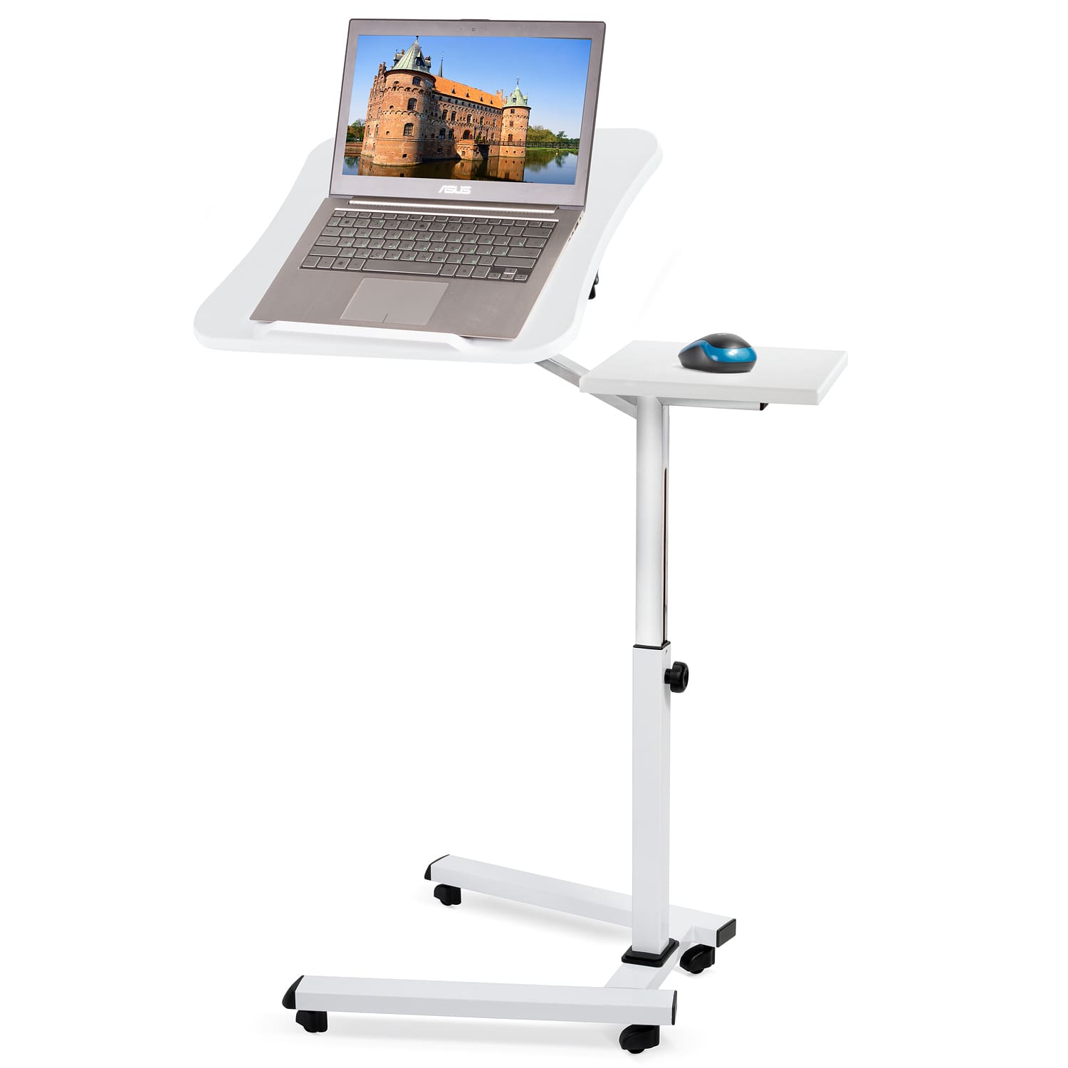 Mesa para laptop ajustável em altura, sofá para mesa para laptop, com prateleira para mouse, com rodas, aço, branco, Tatkraft Like, 3