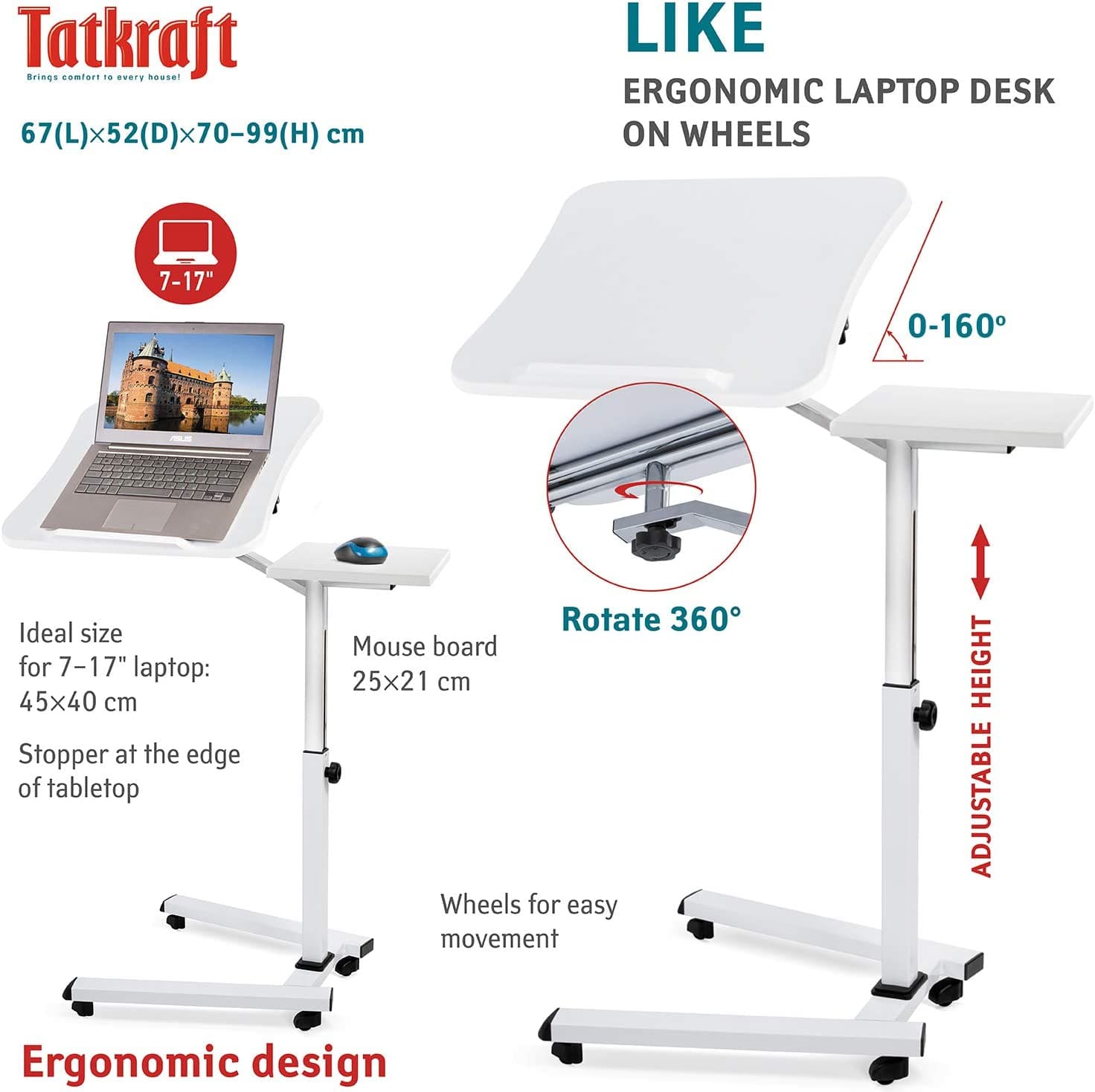 Mesa para laptop ajustável em altura, sofá para mesa para laptop, com prateleira para mouse, com rodas, aço, branco, Tatkraft Like, 8