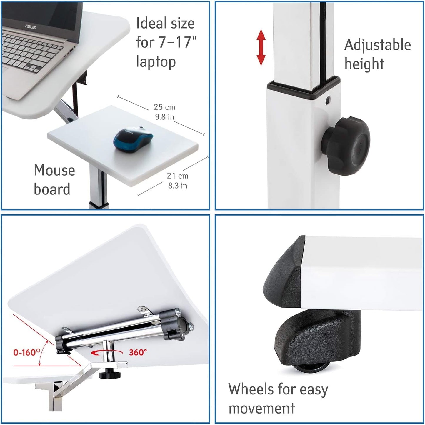 Mesa para laptop ajustável em altura, sofá para mesa para laptop, com prateleira para mouse, com rodas, aço, branco, Tatkraft Like, 9