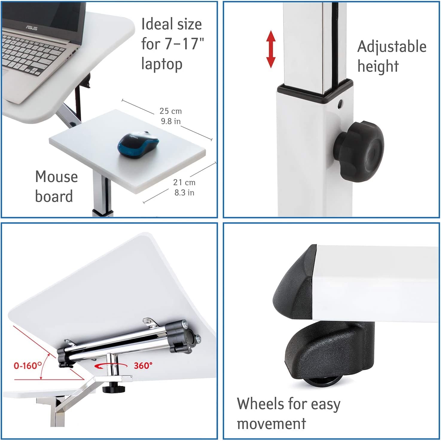 Mesa para laptop ajustável em altura, sofá para mesa para laptop, com prateleira para mouse, com rodas, aço, branco, Tatkraft Like, 9