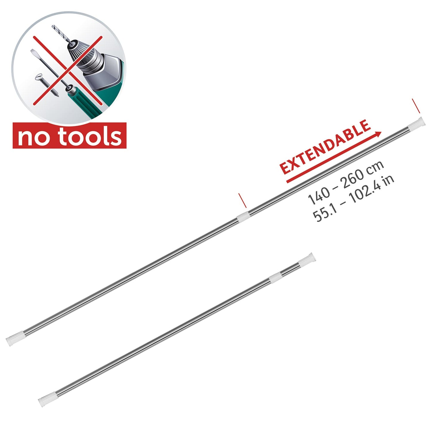 Haste telescópica para cortina de chuveiro, extensível de 140 a 260 cm, pode ser instalada sem perfuração, Tatkraft Oscar, 3