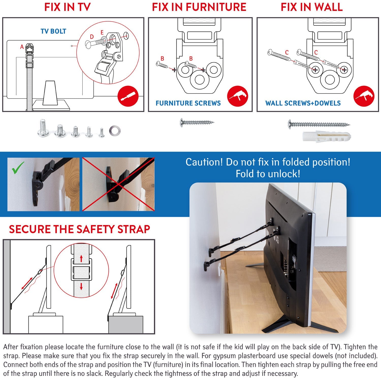 Cinto de segurança universal, proteção contra inclinação de TV para crianças, 4 alças, Tatkraft Protect, 7