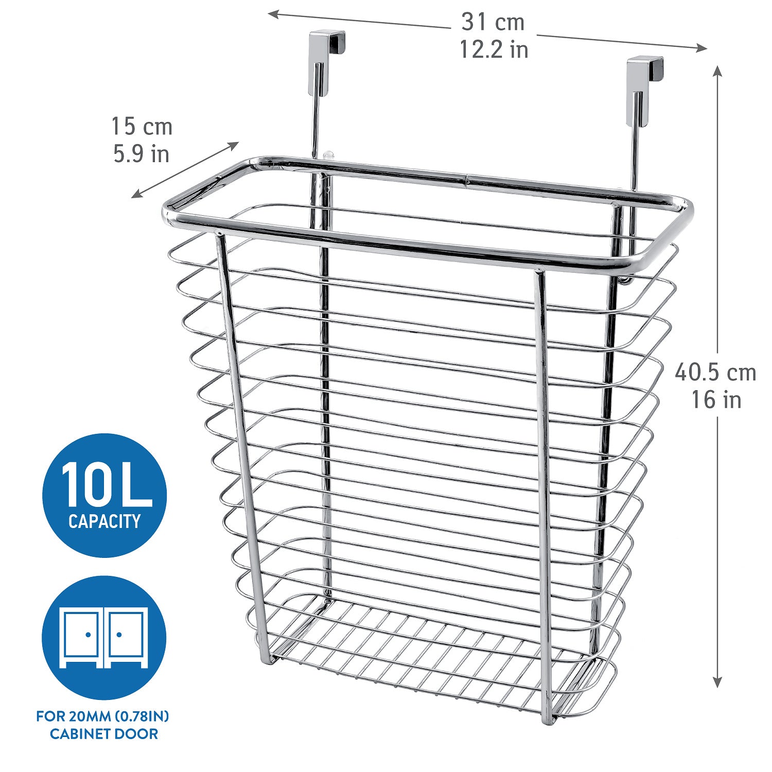 Caixote do lixo sobre a porta, cesto suspenso, capacidade 10L, fio de metal cromado, Tatkraft Top, 5