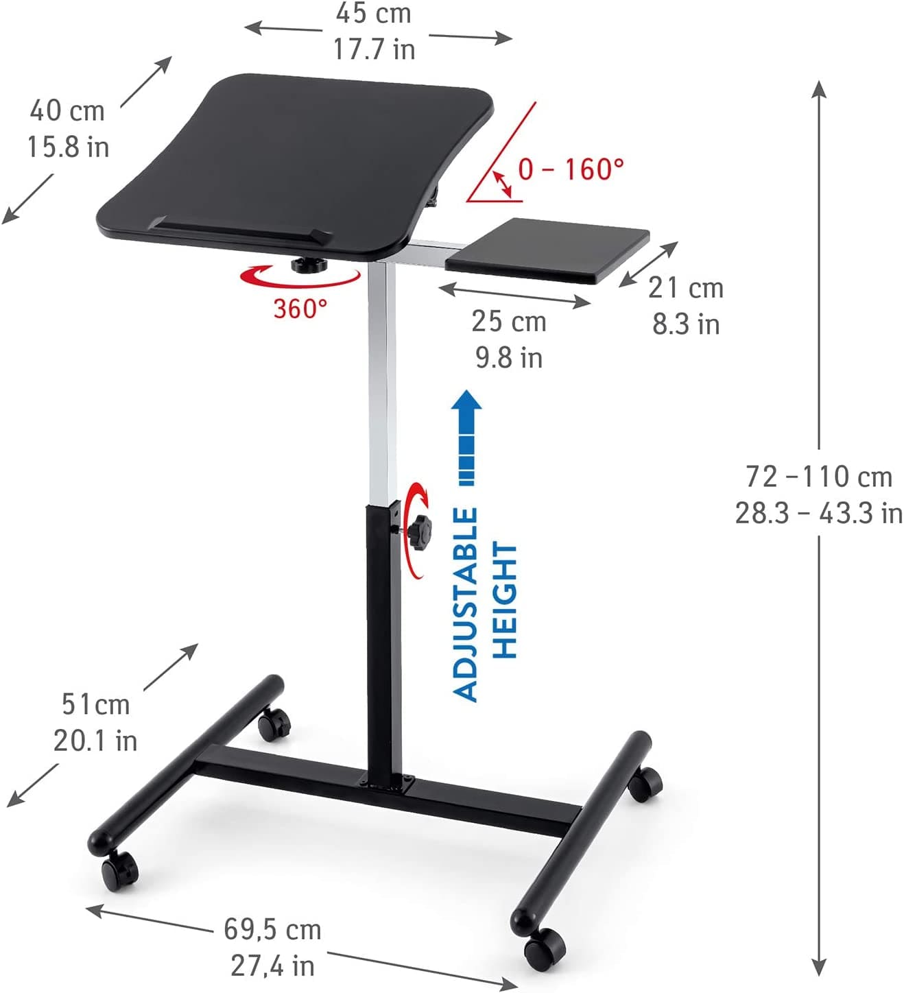 Mesa para laptop, mesa para laptop ajustável em altura, com prateleira para mouse, mesa vertical com rodas, Tatkraft Vanessa, 3