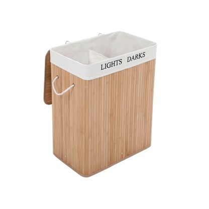 Cesta de lavanderia de bambu 100l classificador de lavanderia com 2 compartimentos dobrável coletor de lavanderia saco de lavanderia caixa de lavanderia songmics 1