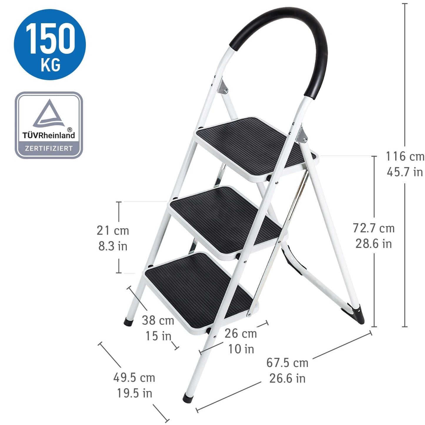 Escadote, escada de segurança 3 degraus, escada dobrável 3 degraus, escada dobrável, até 150 kg, L49,5xP67,5xA116 cm
